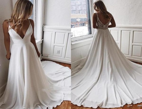 simple designed satin a line wedding dresses v cut low back spaghetti strap appliques long train bridal summer robe de mariee6825894, White
simple designed satin a line wedding dresses v cut low back spaghetti strap appliques long train bridal summer robe de mariee6825894, White