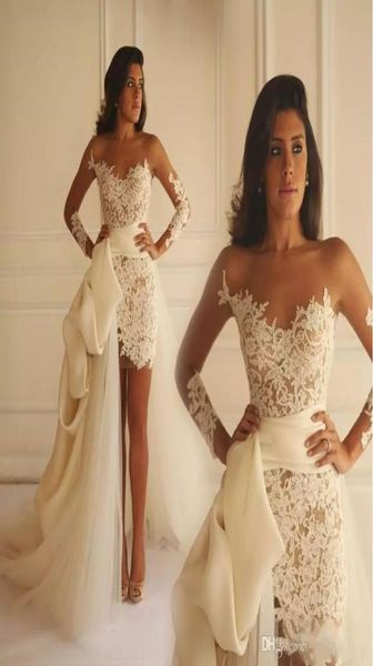 sheer neck long sleeves lace applique mini wedding dresses with detachable tulle train bridal gowns6664923, White
sheer neck long sleeves lace applique mini wedding dresses with detachable tulle train bridal gowns6664923, White