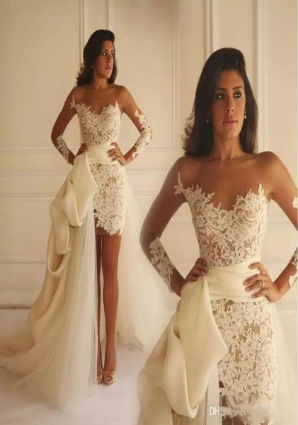 sheer neck long sleeves lace applique mini wedding dresses with detachable tulle train bridal gowns3909648, White
sheer neck long sleeves lace applique mini wedding dresses with detachable tulle train bridal gowns3909648, White