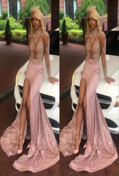 sparkly long sleeve split side prom dresses pink high neck sequined applique lace prom gowns for african girls6232899, Black 
sparkly long sleeve split side prom dresses pink high neck sequined applique lace prom gowns for african girls6232899, Black