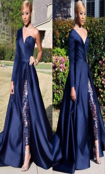 one shoulder evening dresses pant suits a line royal navy high split long sleeve formal party gowns jumpsuit prom dresses5386027, Black;red
