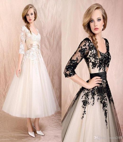 vintage tea length beach wedding dresses with half sleeves scoop neck black lace appliques ruched tulle aline bridal wedding gown6800014, White
vintage tea length beach wedding dresses with half sleeves scoop neck black lace appliques ruched tulle aline bridal wedding gown6800014, White