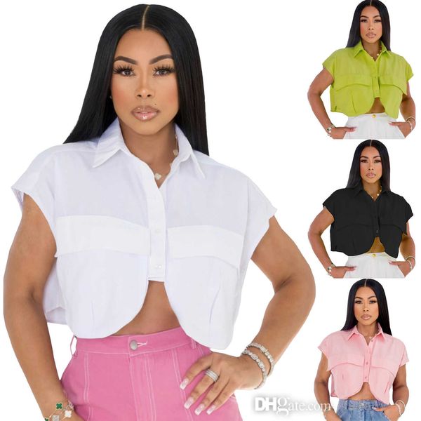 women polo shirt 2023 summer fashion shirts single breasted pocket front irregular short sleeve mini blouse and loose crop top, White
women polo shirt 2023 summer fashion shirts single breasted pocket front irregular short sleeve mini blouse and loose crop top, White