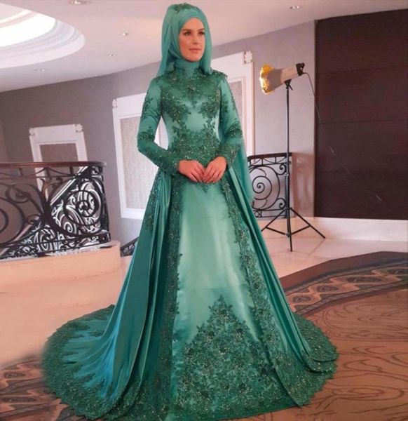 long sleeves muslim evening dresses elegant high neck appliques beaded lace satin green evening gowns formal prom dresses sweep tr5720677, Black;red
long sleeves muslim evening dresses elegant high neck appliques beaded lace satin green evening gowns formal prom dresses sweep tr5720677, Black;red