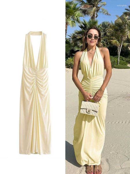 casual dresses halter backless ruched dress women 2023 summer evening party sleeveless bodycon long elegant solid v-neck robe, Black;gray
casual dresses halter backless ruched dress women 2023 summer evening party sleeveless bodycon long elegant solid v-neck robe, Black;gray