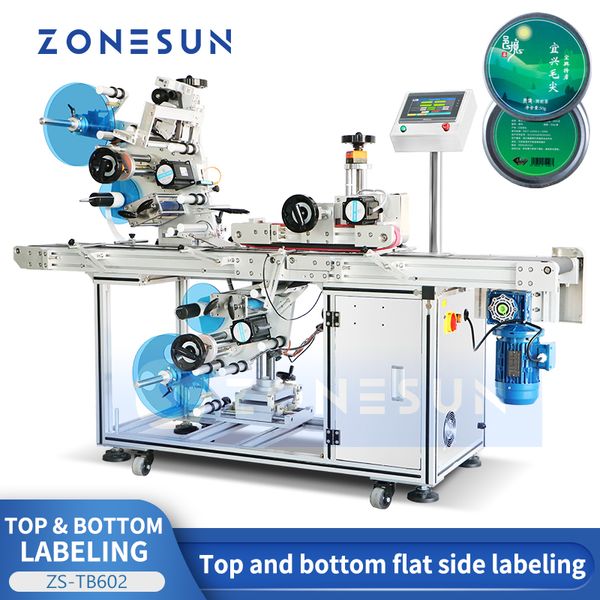 Image of ZONESUN Automatic Flat Surface Labeling Machine Top and Bottom Label Applicator Cans Boxes Bags Cosmetics Equipment ZS-TB602