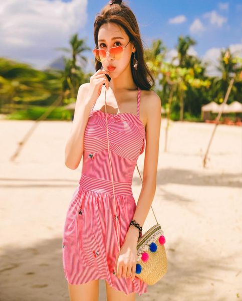 brazilian bikini beach wear swim print monokini woman summer striped single color one piece dress2481687