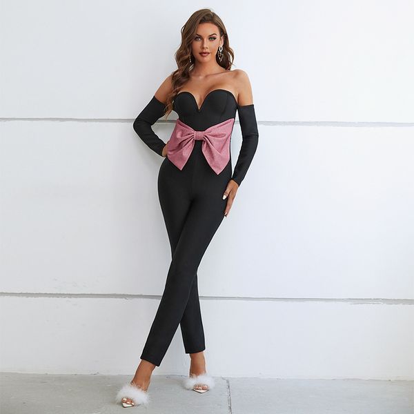 black jumpsuit women lady casual rompers big biw tie bandage bodycon slim yoga wear 0525, Black;white
black jumpsuit women lady casual rompers big biw tie bandage bodycon slim yoga wear 0525, Black;white
