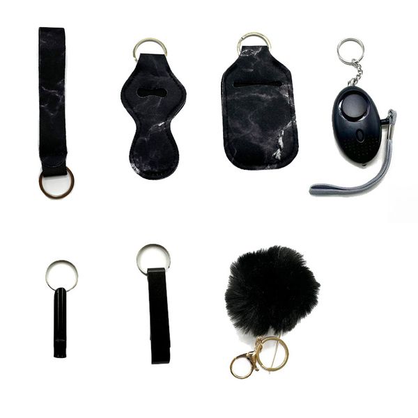 black safety keychain seven-piece set with liquid bottle sleeve lipstick sleeve alarm whistle bottle opener hairball self-defense keychain, Silver
black safety keychain seven-piece set with liquid bottle sleeve lipstick sleeve alarm whistle bottle opener hairball self-defense keychain, Silver