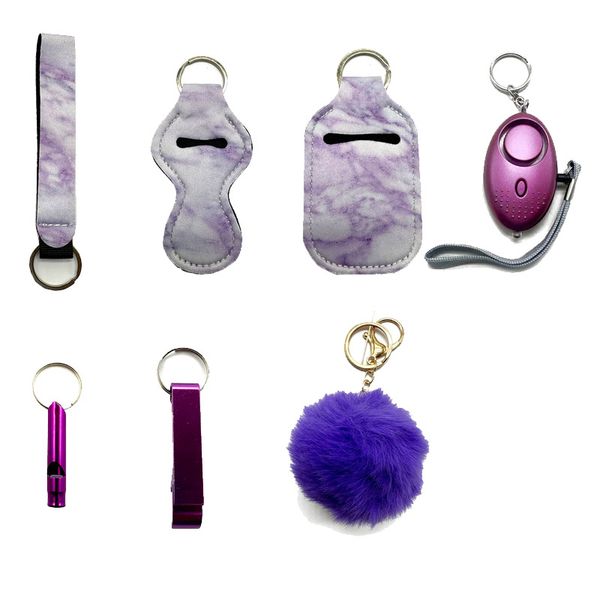 purple safety keychain seven-piece set with liquid bottle sleeve lipstick sleeve alarm whistle bottle opener hairball self-defense keychain, Silver
purple safety keychain seven-piece set with liquid bottle sleeve lipstick sleeve alarm whistle bottle opener hairball self-defense keychain, Silver