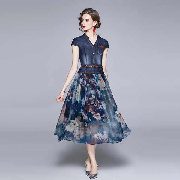basic casual dresses jsxdhk elegant summer denim dress women short sleeve cowboy splicing chiffon flower print office ol belt midi dress 230, Black;gray
basic casual dresses jsxdhk elegant summer denim dress women short sleeve cowboy splicing chiffon flower print office ol belt midi dress 230, Black;gray