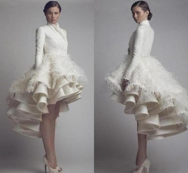 high collar long sleeves taffeta high low wedding gowns layered ruffles luxury bridal gowns with feather modest party special occa7229890, White
high collar long sleeves taffeta high low wedding gowns layered ruffles luxury bridal gowns with feather modest party special occa7229890, White