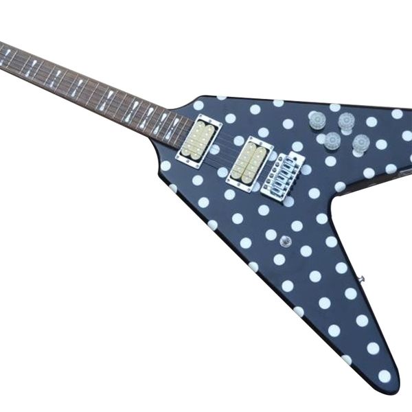 high end customized aircraft shaped electric guitar with black body white dots
high end customized aircraft shaped electric guitar with black body white dots
