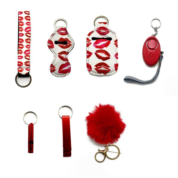 red safety keychain seven-piece set with liquid bottle sleeve lipstick sleeve alarm whistle bottle opener hairball self-defense keychain, Silver
red safety keychain seven-piece set with liquid bottle sleeve lipstick sleeve alarm whistle bottle opener hairball self-defense keychain, Silver