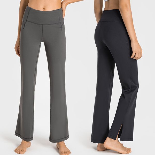 

AL Split Small Horn Yoga Straight Sports Women' Light and Thin Nude High Waist Wide Leg Belt Pocket Hip Lift Long Pants, Black