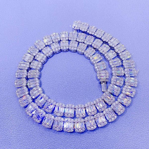 Real Sterling Sier 9Mm Tennis Chain Baguette Diamond Necklace
