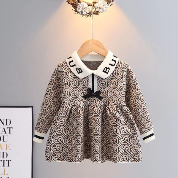 

Designer Baby Girls Knitted Plaid Sweaters Dresses Spring Autumn Girl Long Sleeve Princess Dress Kids College Style Knitting Dress 2-7 Years Great Quality A04, Gray