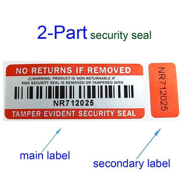 

1000 Pairs NO RETURNS IF REMOVED 2-part Security Seal Non-returnable Label Barcode Serial Numbers Sticker VOID Left If Tampered With