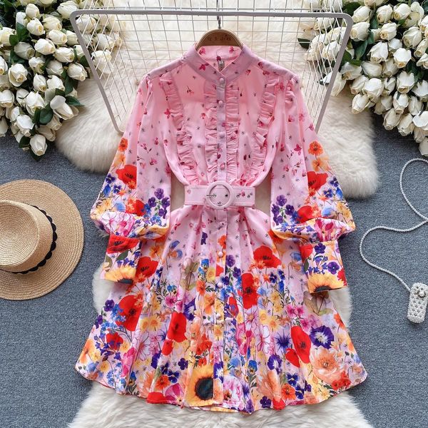 

Basic Casual Dresses 2024 A Line Runway Designer Cotton Linen Mini Dress Women Stand Lantern Sleeve Single Breasted Floral Print Belt Vacation Boho Vestidos, Same as picture_1