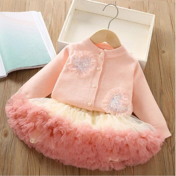 

Autumn Winter Baby Girls Knitted Clothing Sets Kids Cardigan Sweaters+tutu Skirts 2pcs Set Children Outfits Child Suits, Pink