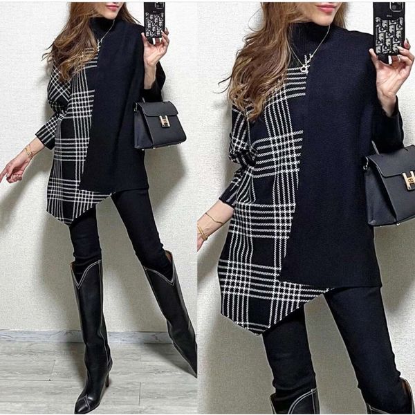 2023 Japanese New Bat Sleeves Black Fashion Casual Mid Length Long Sleeve Checkered Panel Irregular Women's Sweater Women's Coat
2023 Japanese New Bat Sleeves Black Fashion Casual Mid Length Long Sleeve Checkered Panel Irregular Women's Sweater Women's Coat