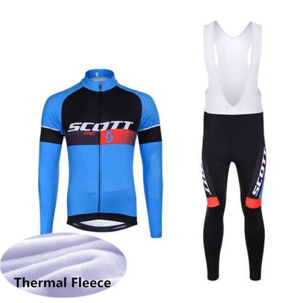 Image of Winter cycling Jersey Set SCOTT Team Men thermal fleece long sleeve Cycle Shirts Bib Pants Kits Mountain Bike Clothing Racing Bicycle Sports Suits Y22041409