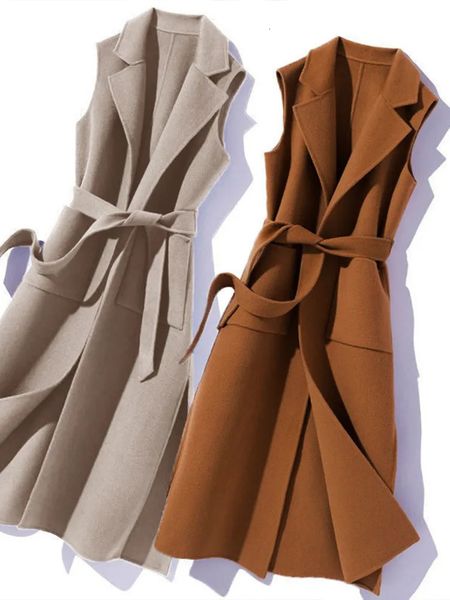 Women's Wool Blends Elegant for Women Sleeveless Streetwear Vintage Jackets Slim Turn Down Collar 2023 Autumn Winter Coats