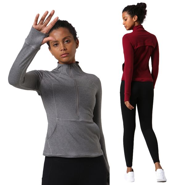 

AL YOGA Designer Women's Yoga Jacket Zipper Half Front Stand Up Neck T-shirt Printed Running Fiess Long Sleeve Cover Finger Leisure Slimming Sports Coat, Dark blue