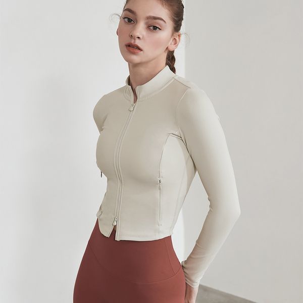 

AL Designer Winter Women's Apparel Lycra Cotton Jacket Long Sleeve Cover Finger Fiess Suit Yoga Set Slim Fit Zipper Stand Neck Sports Outer, White
