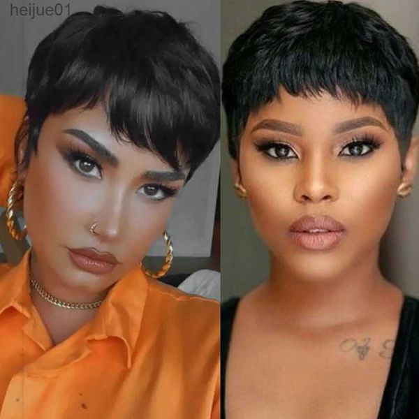 

Synthetic Silky Straight Pixie Cut Short Wig with Bangs Brazilian Remy HD Lace Frontal Wigs Human Hair Wear Precut for Black Womenl231024, Natural color