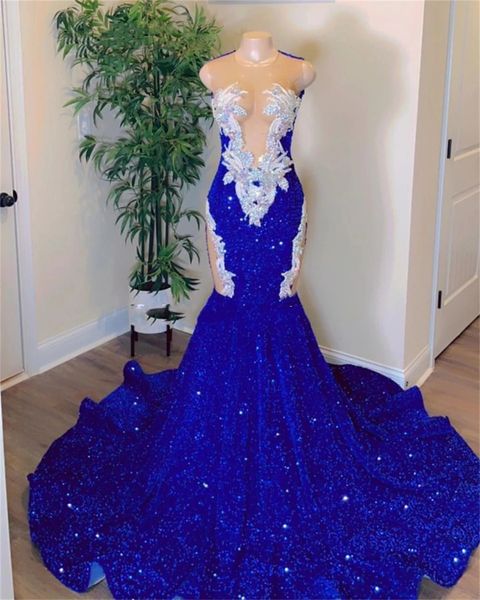 Image of 2024 Elegant Blue Sequin Mermaid Long Prom Dresses For Black Girls Sheer Neck Plus Size Sweep Train Formal Evening Occasion Gowns
