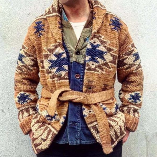 

Men's Sweaters Lacing Up Patchwork Button Loose Coats Streetwear Men Print Casual Knit Cardigan Autumn And Winter Male Long Sleeve