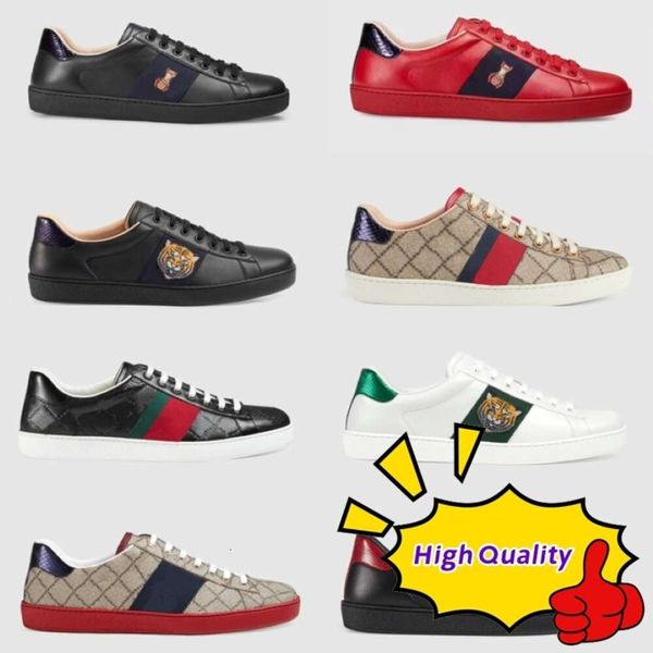 Image of Men Italy Casual Shoes Women Loafers White Flat Leather Shoe Green Red Stripe Embroidered Tiger Snake Couples Trainers With box size 35-46