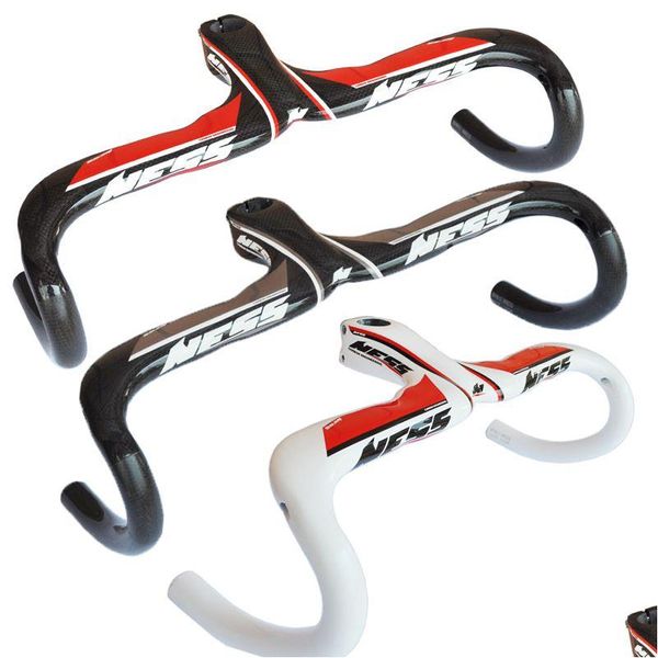 Image of Bike Handlebars Components Ness Carbon Fiber Road Bicycle Cycling Handlebar Integrated Parts Drop Handle Bars And Stem Integrative Dhszf