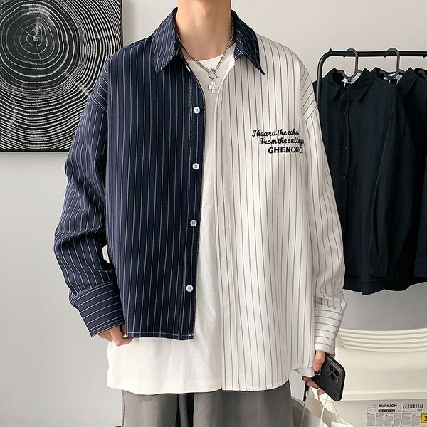 men s casual shirts men patchwork long sleeve streetwear youth soft dress 220901, White;black
men s casual shirts men patchwork long sleeve streetwear youth soft dress 220901, White;black