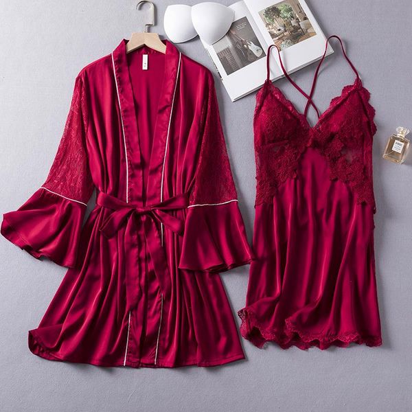 summer robe set lace womens sleepwear satin patchwork nightwear women home, Black;red
summer robe set lace womens sleepwear satin patchwork nightwear women home, Black;red