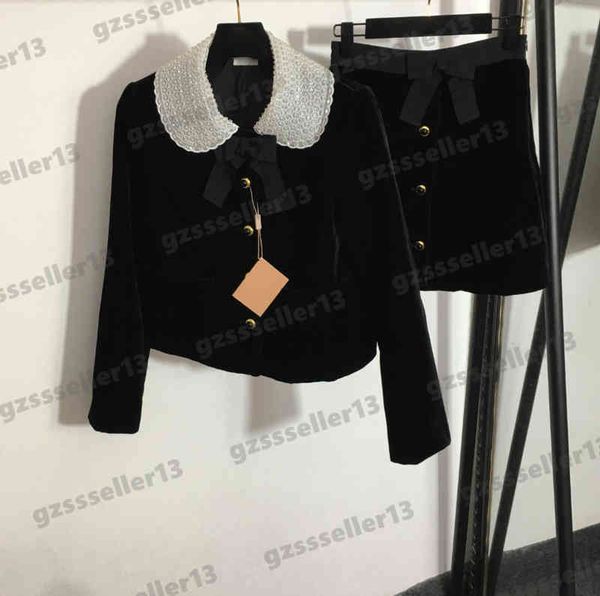 designer two pieces dress miu beaded doll collar velvet tracksuits fashion brand single-breasted long-sleeve coat and bow high-waisted skirt, White
designer two pieces dress miu beaded doll collar velvet tracksuits fashion brand single-breasted long-sleeve coat and bow high-waisted skirt, White