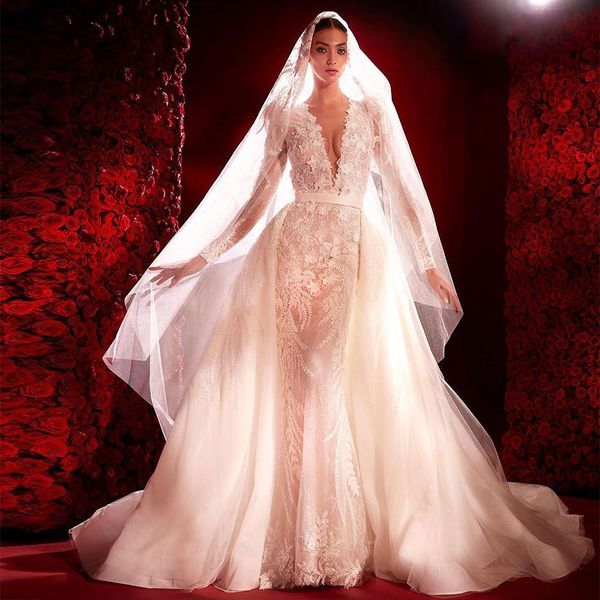 luxury mermaid elegant wedding dress long sleeves deep v neck 3d lace appliques sequins beads floor length detachable train bridal gowns cus, White
luxury mermaid elegant wedding dress long sleeves deep v neck 3d lace appliques sequins beads floor length detachable train bridal gowns cus, White