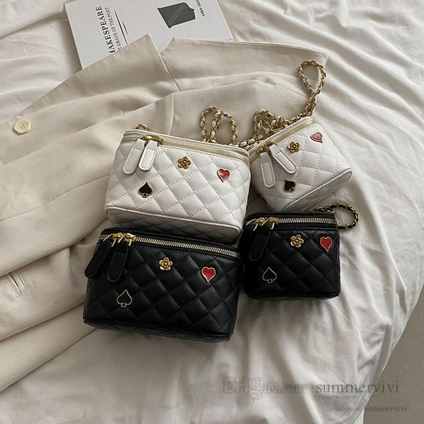 children love heart handbags girls diamond lattice quilted square box messenger cosmetics bags kids metals ball chain one shoulder bag q8219, Black