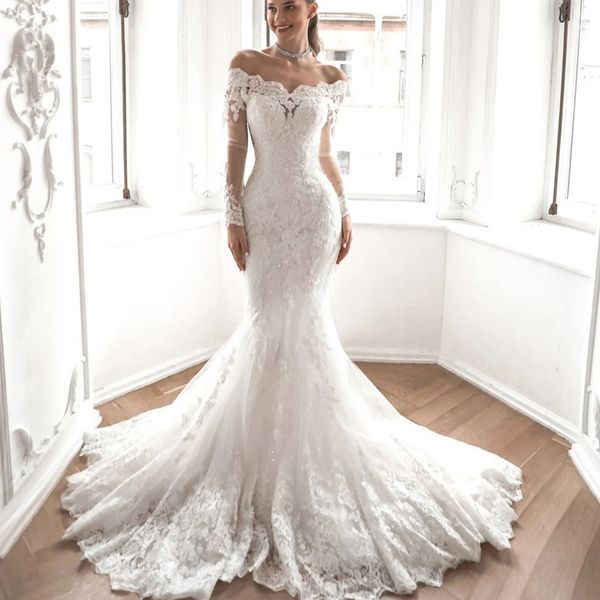 women wedding dress white lace appliques bridal dress off shoulder long sleeves tulle mermaid floor length custom made
women wedding dress white lace appliques bridal dress off shoulder long sleeves tulle mermaid floor length custom made