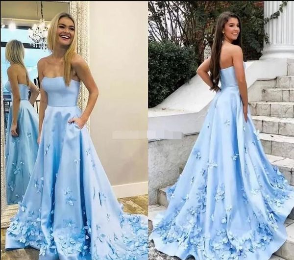 chic strapless sky blue prom dresses with pockets butterfly appliques graduation party gowns with pockets satin prom evening dress, Black
chic strapless sky blue prom dresses with pockets butterfly appliques graduation party gowns with pockets satin prom evening dress, Black