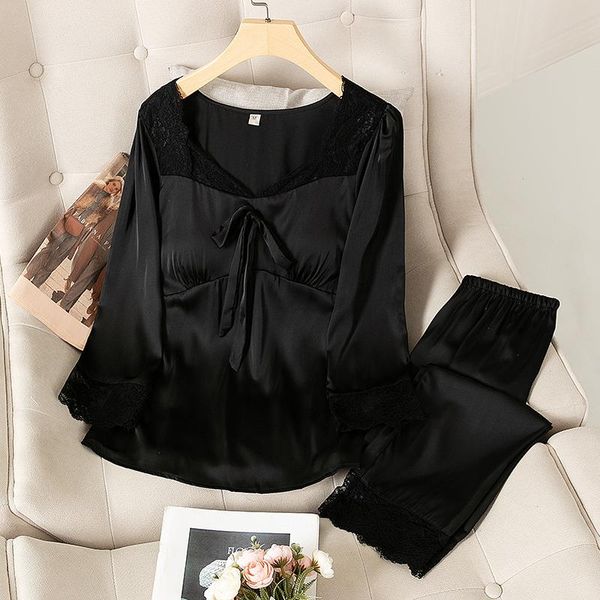 pajamas suit sleepwear long sleeve lace home clothing black satin women intimate, Black;red
pajamas suit sleepwear long sleeve lace home clothing black satin women intimate, Black;red
