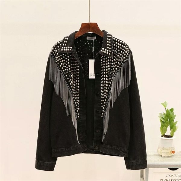 women's jackets autumn denim jacket coat women rivet tassel chain short coats woman loose streetwear long sleeve black outerwear 220901, Black;brown
women's jackets autumn denim jacket coat women rivet tassel chain short coats woman loose streetwear long sleeve black outerwear 220901, Black;brown