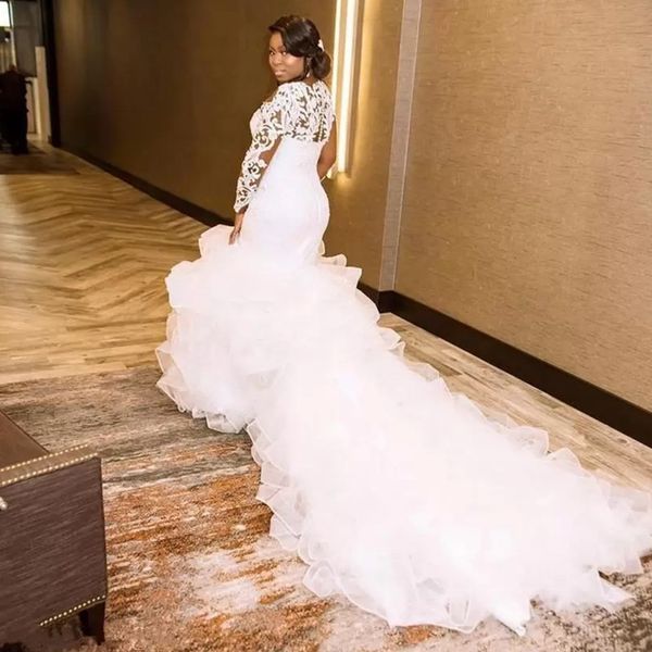 2023 sheer neck mermaid wedding dresses long sleeves formal bridal gowns lace appliques beads luxury ruffles sweep train plus size, White
2023 sheer neck mermaid wedding dresses long sleeves formal bridal gowns lace appliques beads luxury ruffles sweep train plus size, White