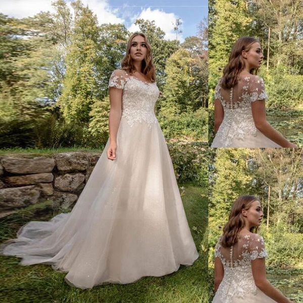 beautiful short sleeve wedding dress a-line custom made illusion o neckline bridal dresses plus size, White
beautiful short sleeve wedding dress a-line custom made illusion o neckline bridal dresses plus size, White