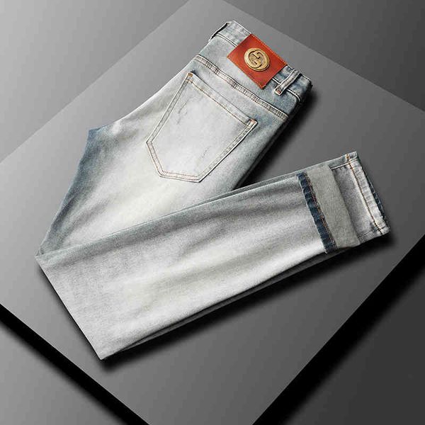 men's jeans summer light color jeans men's fashion brand personality trend elastic hole high-end long pants 55j0, Blue
men's jeans summer light color jeans men's fashion brand personality trend elastic hole high-end long pants 55j0, Blue