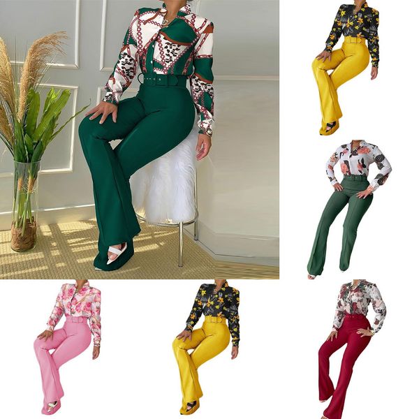 2022 women tracksuits two piece pants set casual printed stand collar long sleeve shirt wide leg pants suits ladies with belt, Gray
2022 women tracksuits two piece pants set casual printed stand collar long sleeve shirt wide leg pants suits ladies with belt, Gray