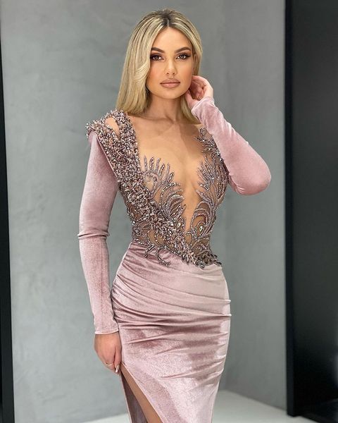 pink velvet prom dresses princess long sleeves deep v neck appliques sequins beaded fashion evening dresses side slit floor length party gow, Black
pink velvet prom dresses princess long sleeves deep v neck appliques sequins beaded fashion evening dresses side slit floor length party gow, Black