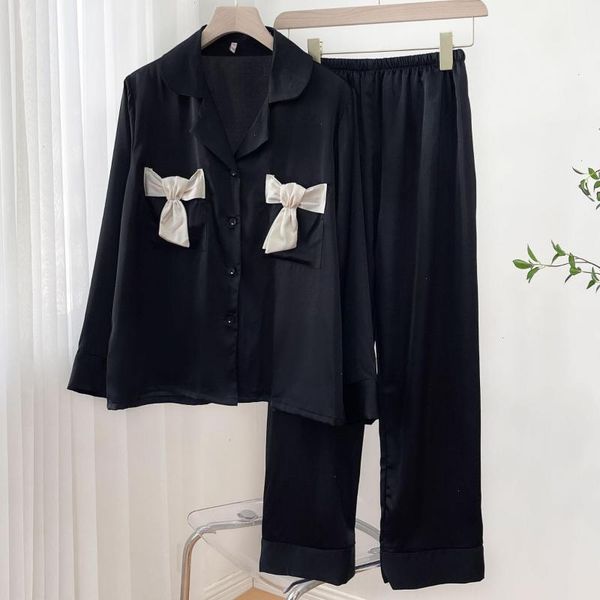 spring autumn women pajamas sleepwear suit long sleeve satin home clothing, Black;red
spring autumn women pajamas sleepwear suit long sleeve satin home clothing, Black;red