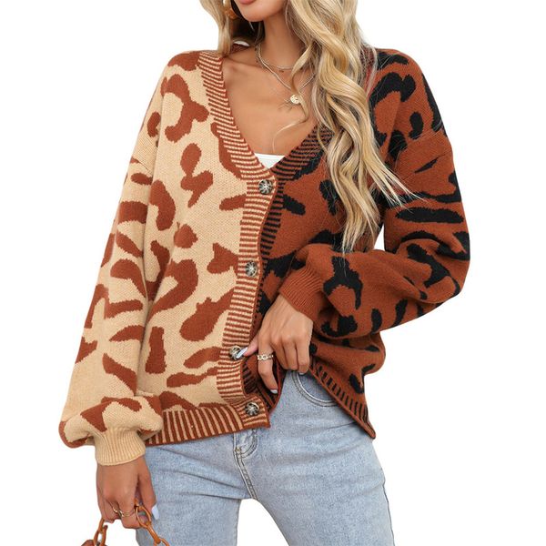 women s knits tees kardigan rajut wanita sweter lengan panjang patchwork warna kontras kancing kepribadian fashion jahitan motif macan tutul, White
women s knits tees kardigan rajut wanita sweter lengan panjang patchwork warna kontras kancing kepribadian fashion jahitan motif macan tutul, White